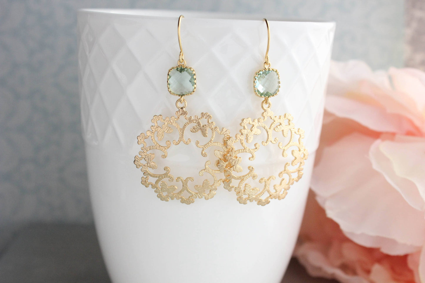 Gold Filigree and Aqua Glass Earrings | Modern Dangles - 142