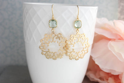 Gold Filigree and Aqua Glass Earrings | Modern Dangles - 142