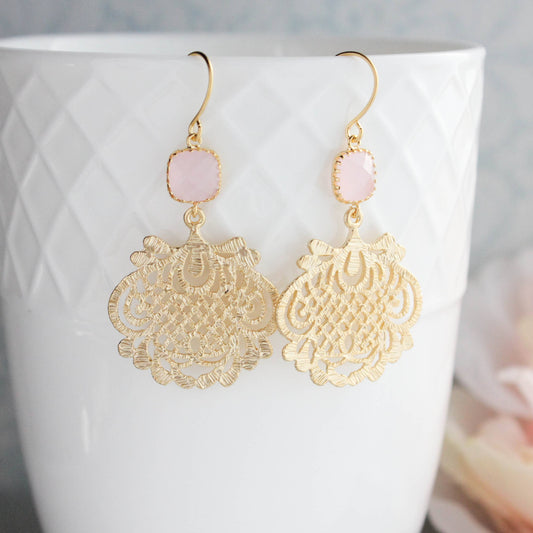 Gold Filigree Earrings | Pink Glass Jewel - 0130