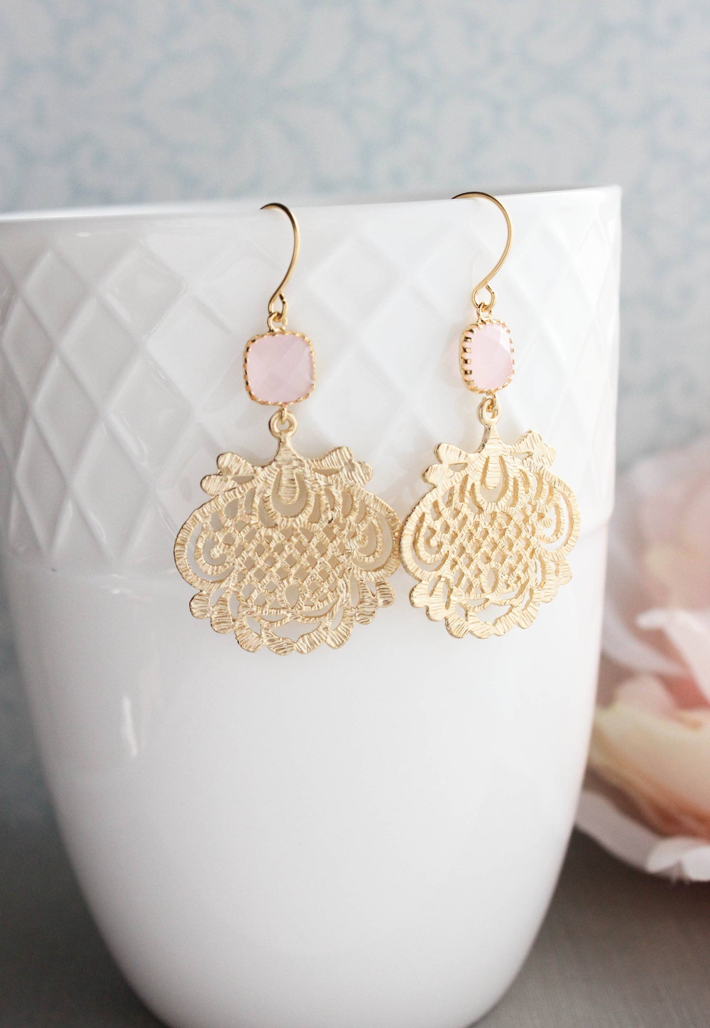 Gold Filigree Earrings | Pink Glass Jewel - 0130
