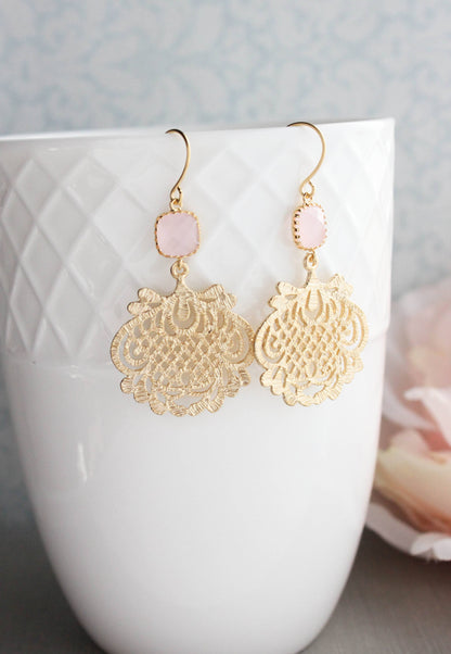 Gold Filigree Earrings | Pink Glass Jewel - 0130