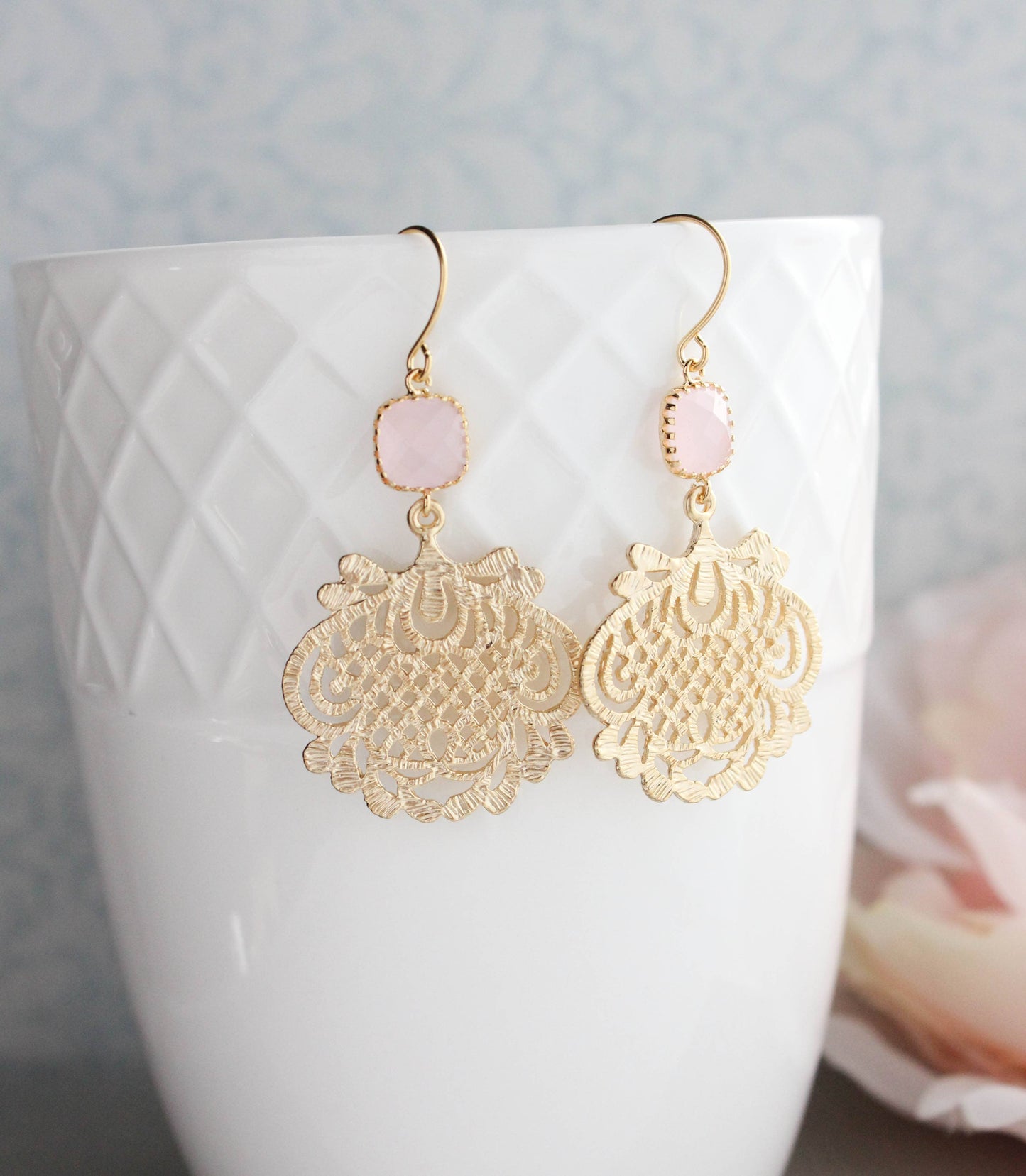 Gold Filigree Earrings | Pink Glass Jewel - 0130