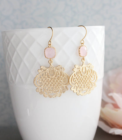 Gold Filigree Earrings | Pink Glass Jewel - 0130