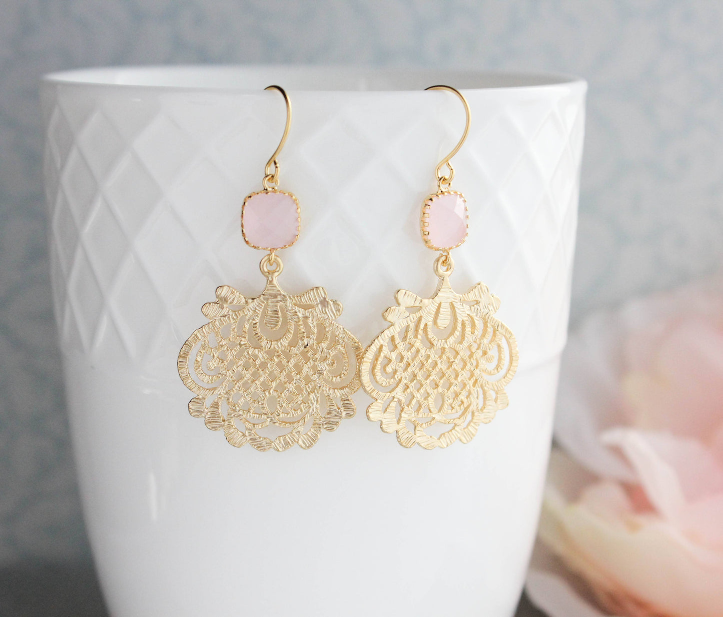Gold Filigree Earrings | Pink Glass Jewel - 0130