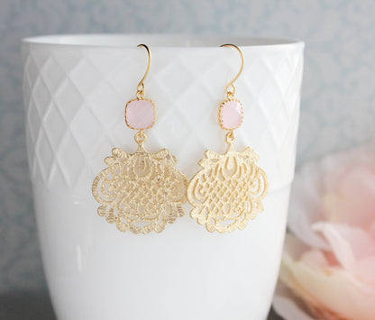 Gold Filigree Earrings | Pink Glass Jewel - 0130