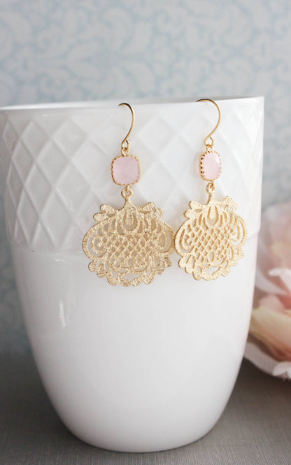 Gold Filigree Earrings | Pink Glass Jewel - 0130