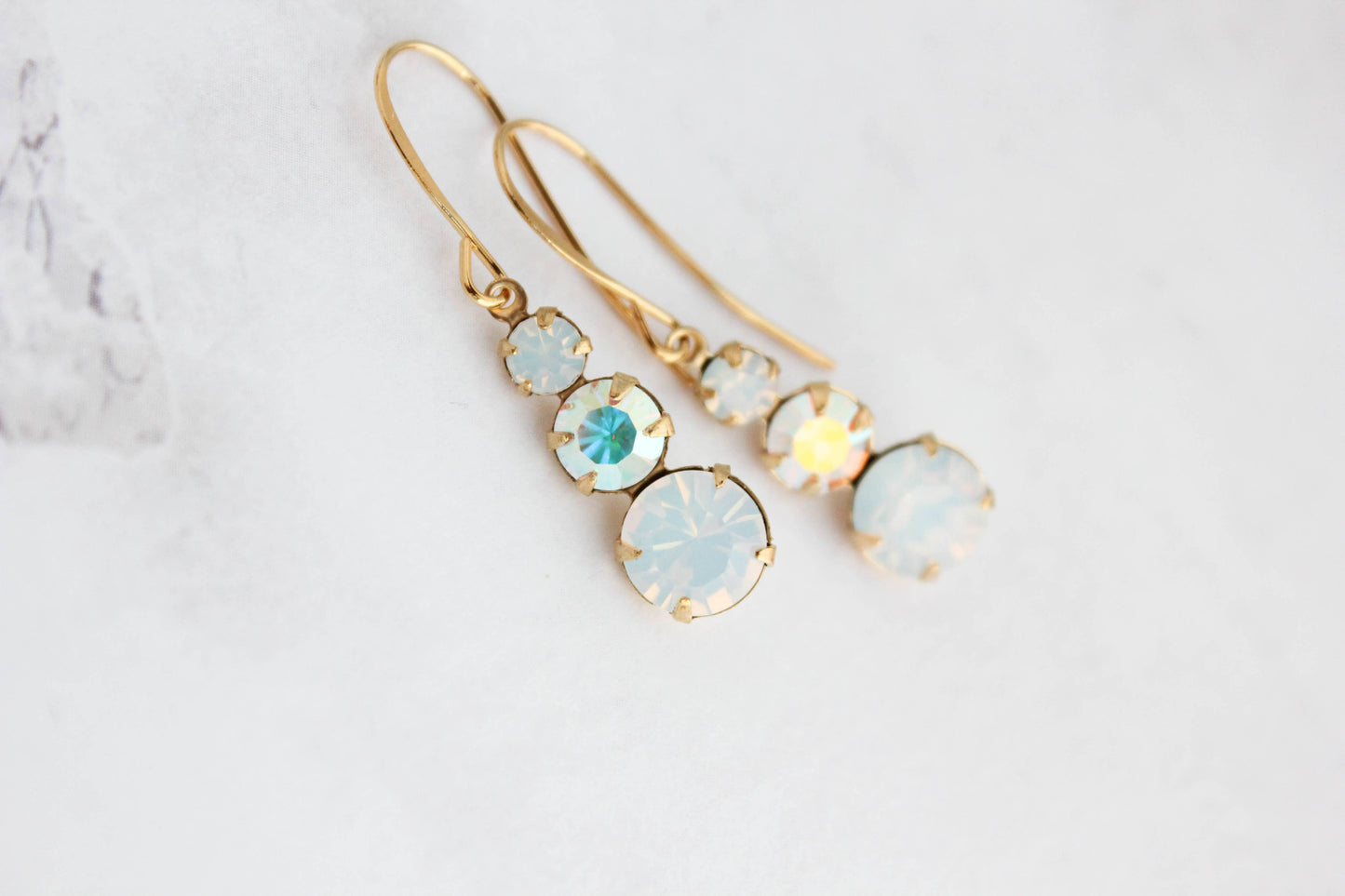 Vintage Glass Earrings - Three Jewel - White Opal Glass