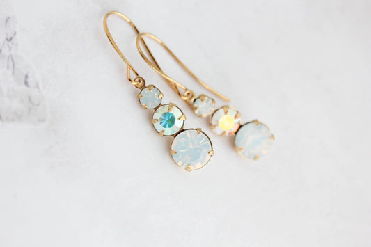 Vintage Glass Earrings - Three Jewel - White Opal Glass