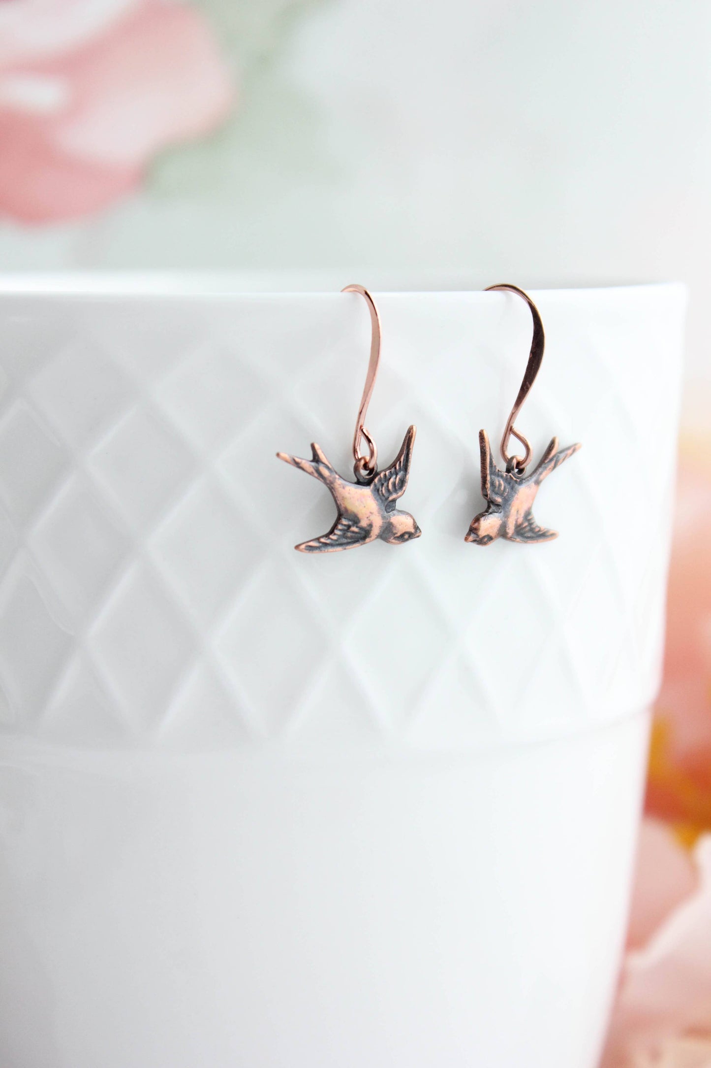 Bird Earrings in Antiqued Copper | Small Drop Earrings - 107
