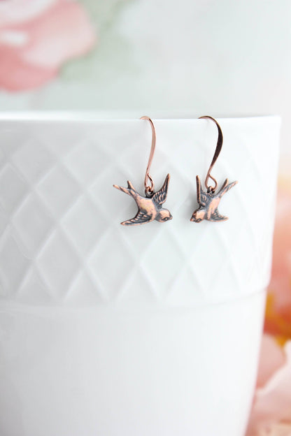 Bird Earrings in Antiqued Copper | Small Drop Earrings - 107