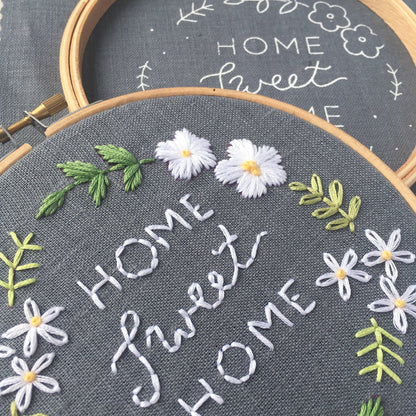 Home Sweet Home Embroidery Kit: Beige with Blue Flowers