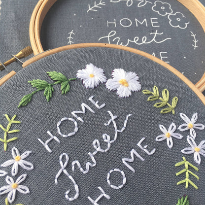 Home Sweet Home Embroidery Kit | Grey with White Flowers