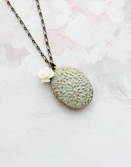 Sage Green Photo Locket Necklace + Cream Rose Charm