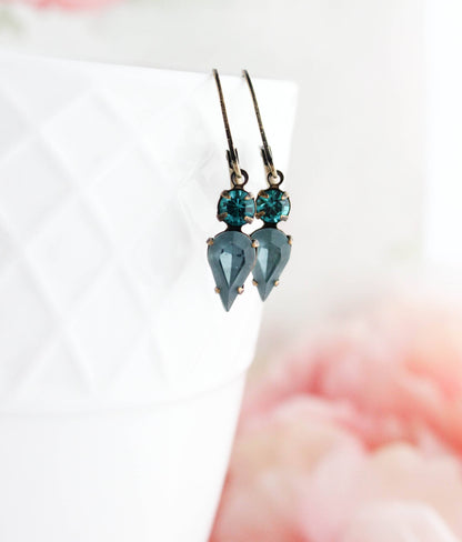 Tiny Vintage Glass Drop Earrings | Peacock Blue | #235