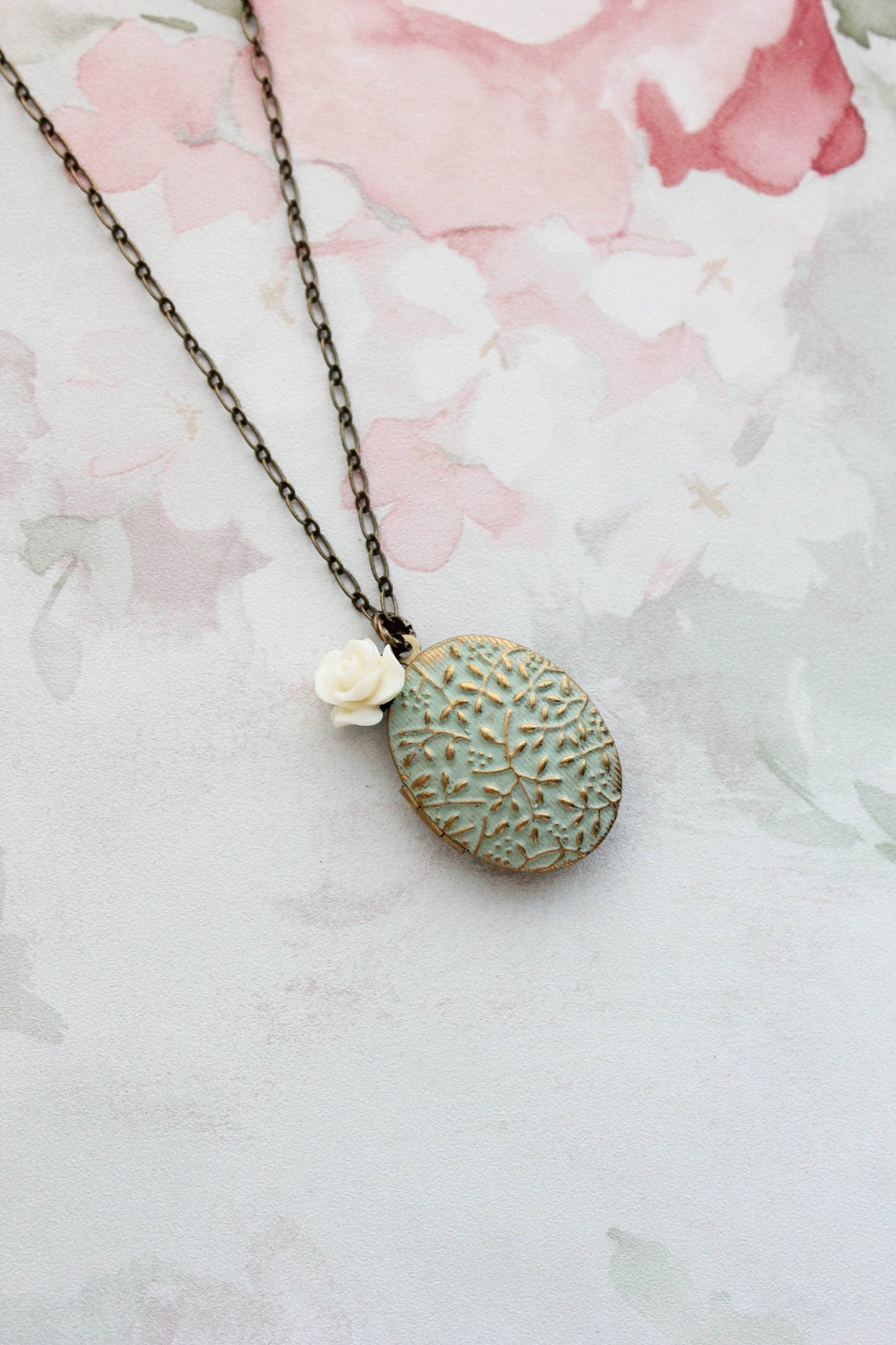 Sage Green Photo Locket Necklace + Cream Rose Charm
