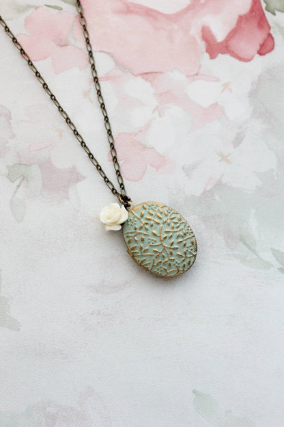 Sage Green Photo Locket Necklace + Cream Rose Charm