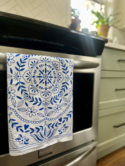 Mandala Flour Sack Towel  |  Blue and White Tea Towel