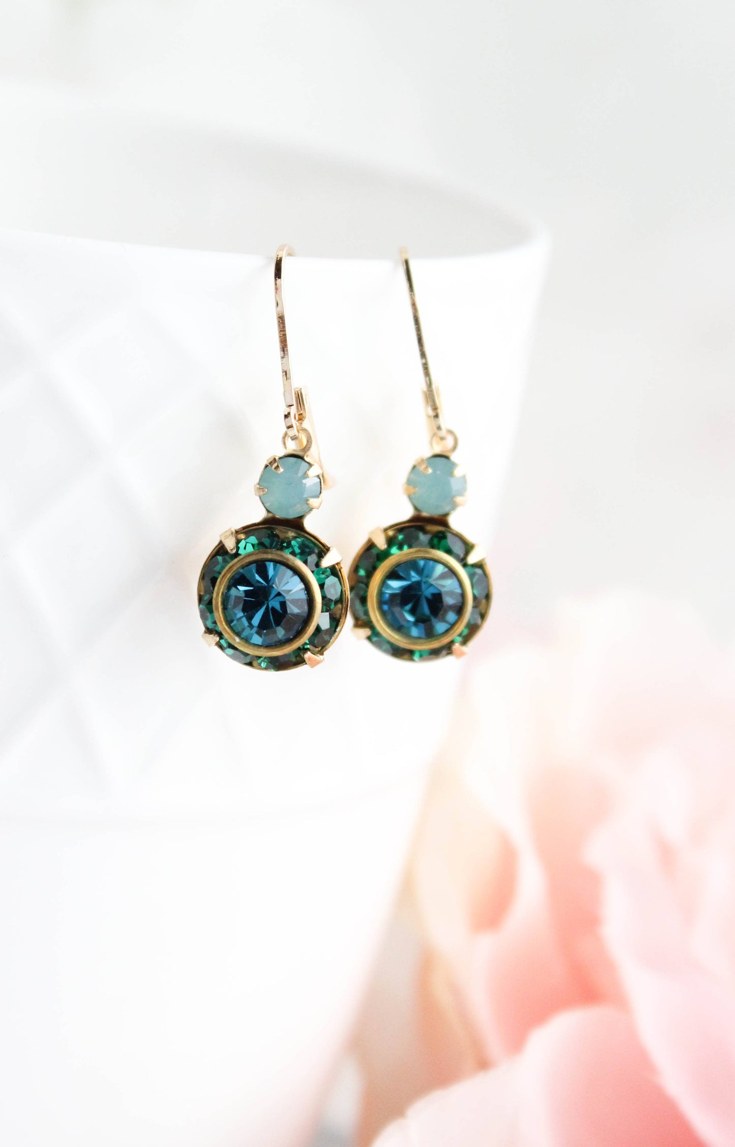 Art Deco Floral Earrings | Dark Teal & Emerald Green Glass - 301