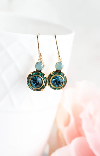 Art Deco Floral Earrings | Dark Teal & Emerald Green Glass - 301