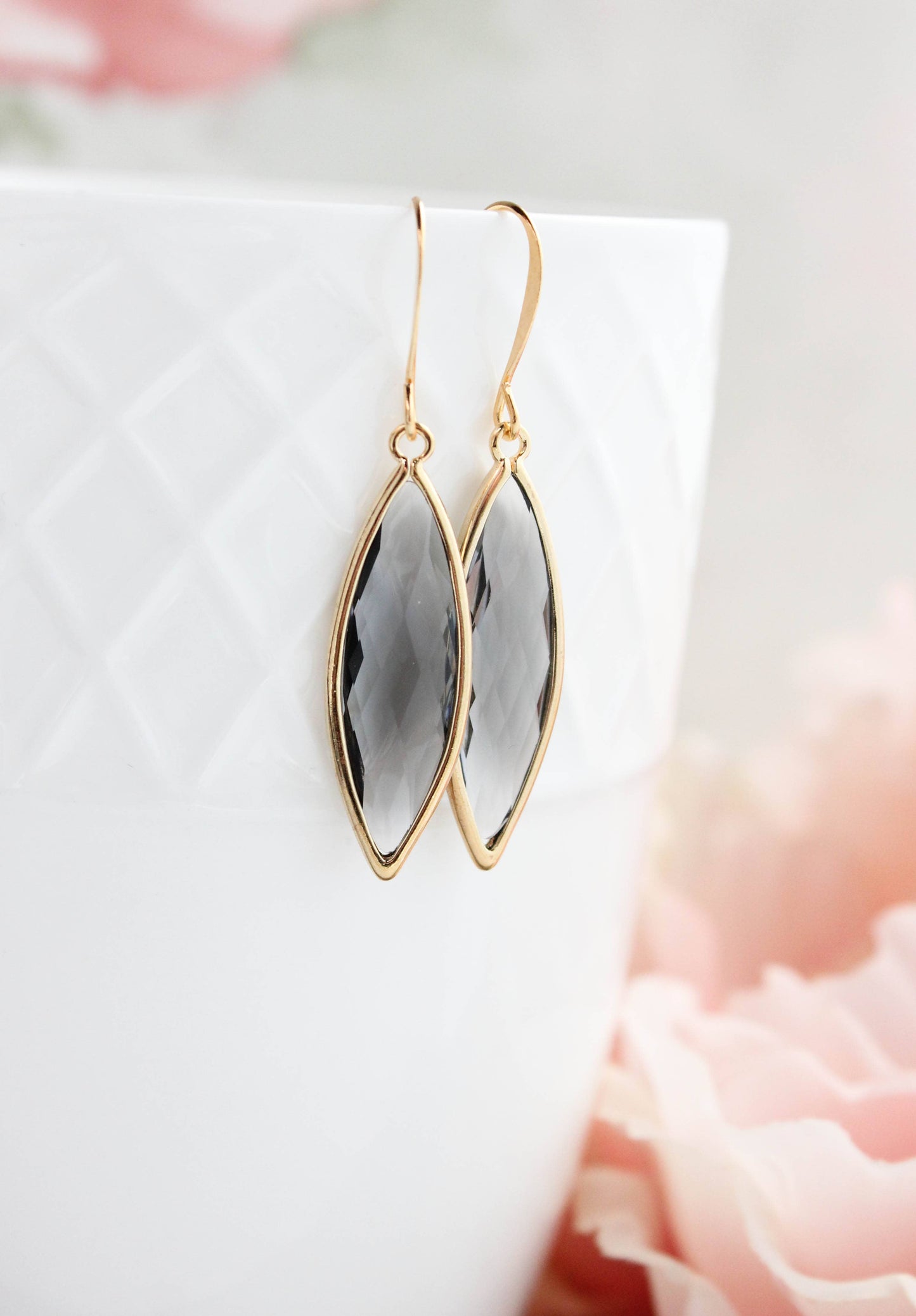 Glass Marquis Drop Earrings - Smoke Grey/Gold - 221