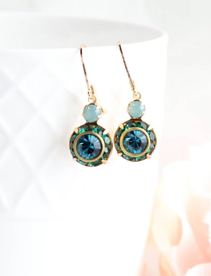 Art Deco Floral Earrings | Dark Teal & Emerald Green Glass - 301