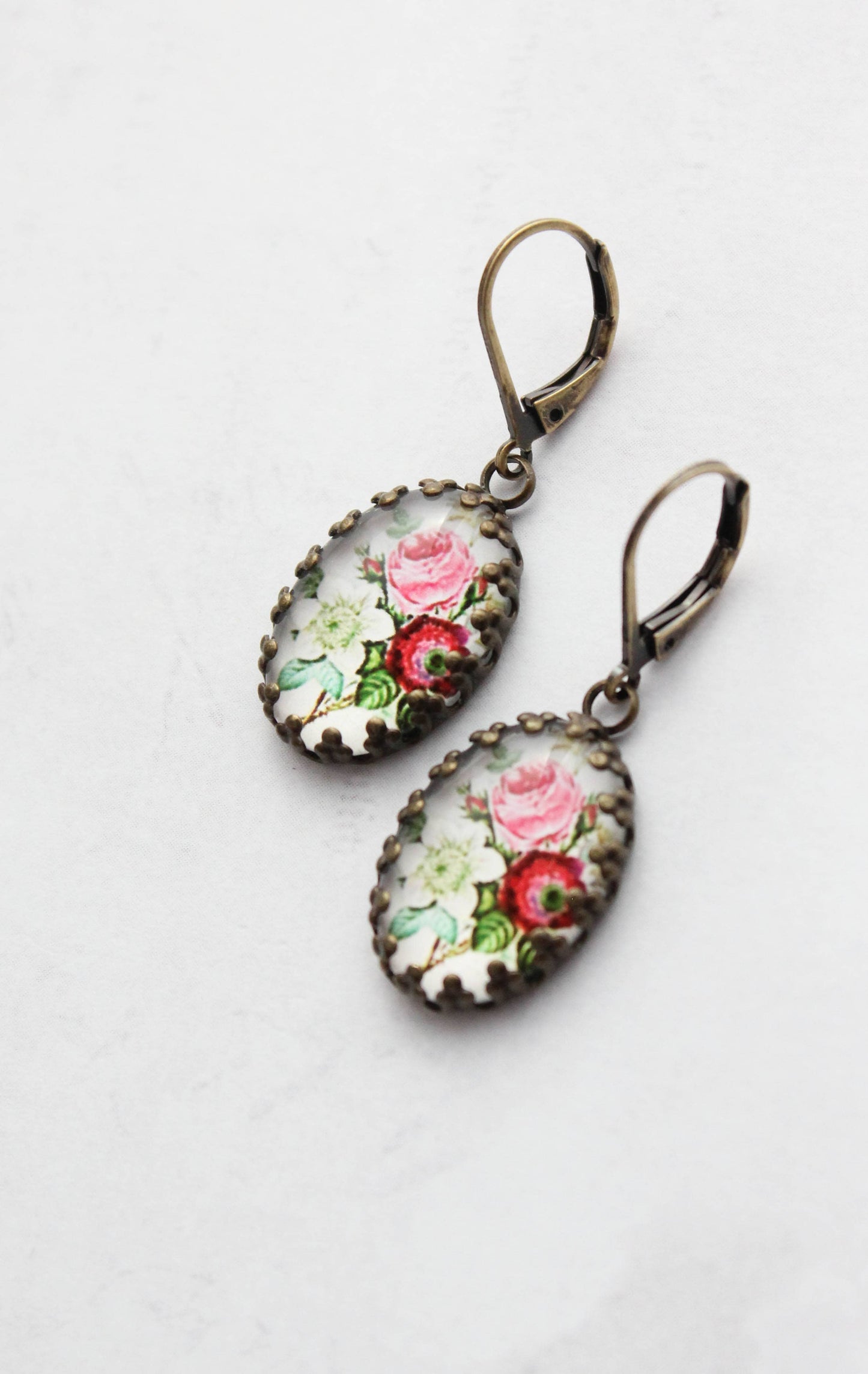 Floral Earrings | Vintage Style Botanical Red Pink and White 305