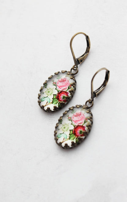 Floral Earrings | Vintage Style Botanical Red Pink and White 305
