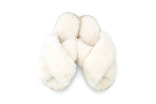 White Plush Crossband Slide House Slippers