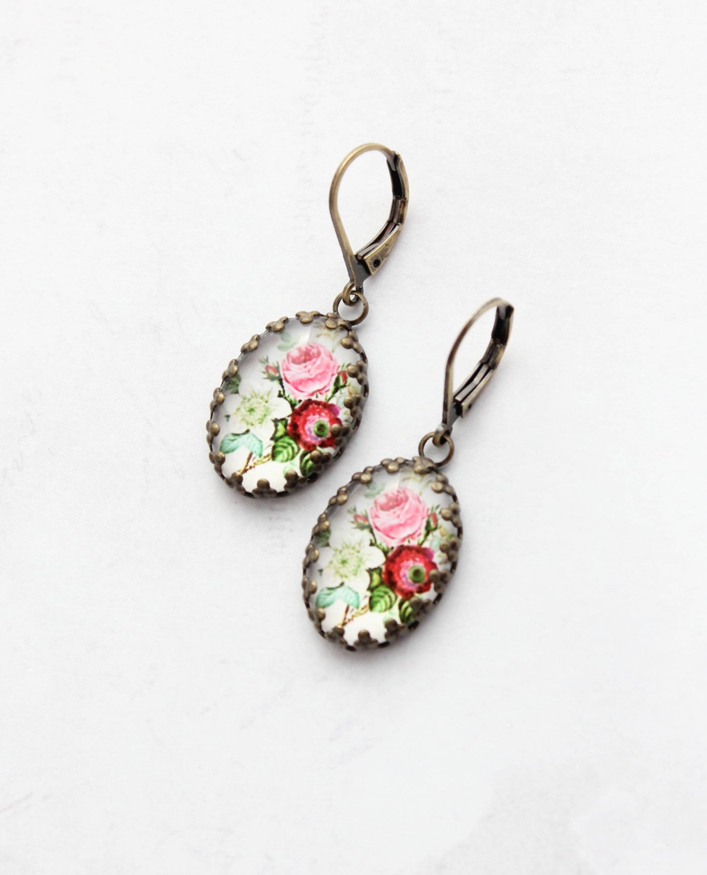 Floral Earrings | Vintage Style Botanical Red Pink and White 305