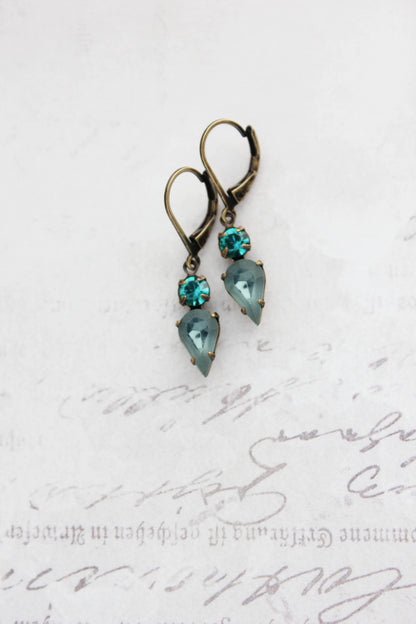 Tiny Vintage Glass Drop Earrings | Peacock Blue | #235