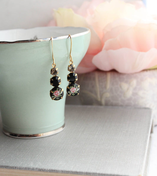 Vintage Glass Earrings | Black w/ Pink Rose - 211
