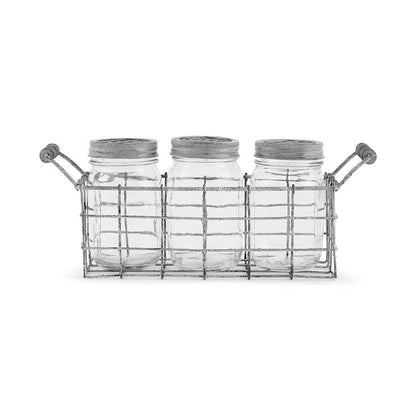 Vintage Inspired Mason Jar Set In Wire Holder