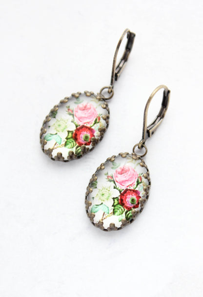 Floral Earrings | Vintage Style Botanical Red Pink and White 305