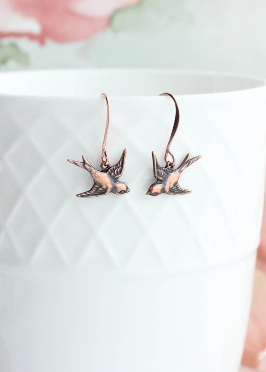 Bird Earrings in Antiqued Copper | Small Drop Earrings - 107