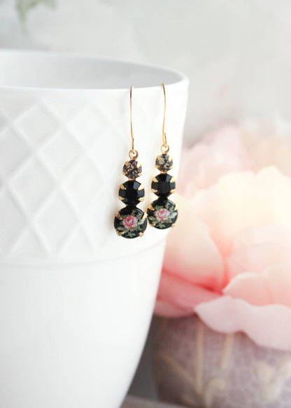 Vintage Glass Earrings | Black w/ Pink Rose - 211