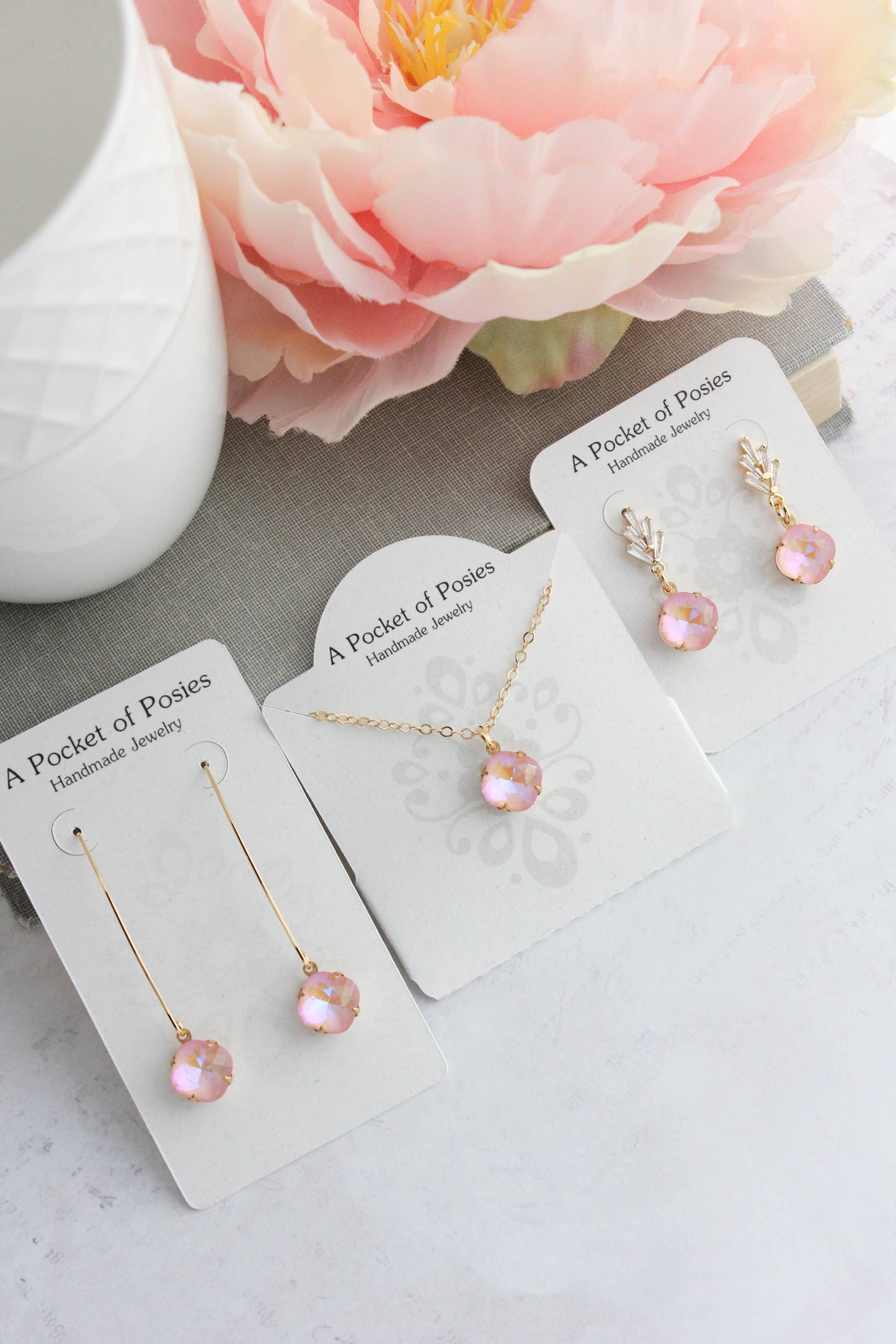 Art Deco Glass Leaf Post Earrings | Pastel Pink Glass Jewel - 289