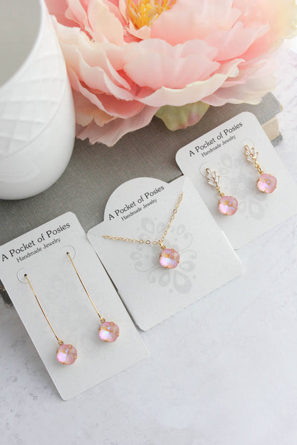 Art Deco Glass Leaf Post Earrings | Pastel Pink Glass Jewel - 289