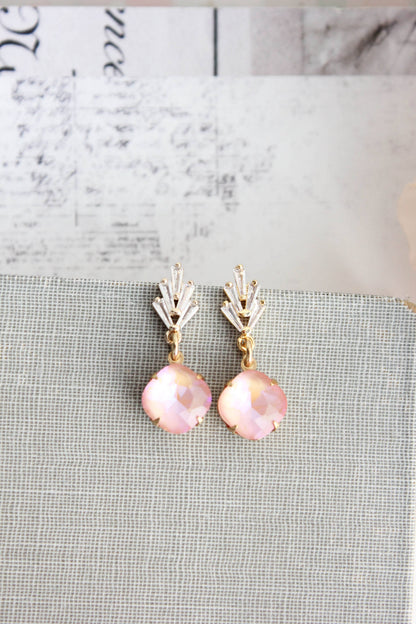 Art Deco Glass Leaf Post Earrings | Pastel Pink Glass Jewel - 289
