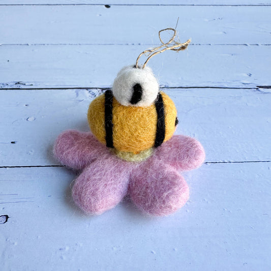 One Large Felt Bee On A Pink Flower (With Or Without String): With Ornament String
