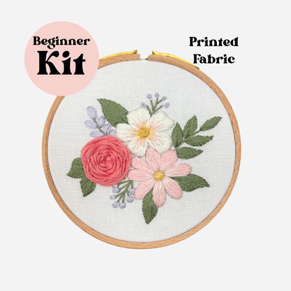 4" Beginner Floral Embroidery Floral Kit | Preprinted Fabric