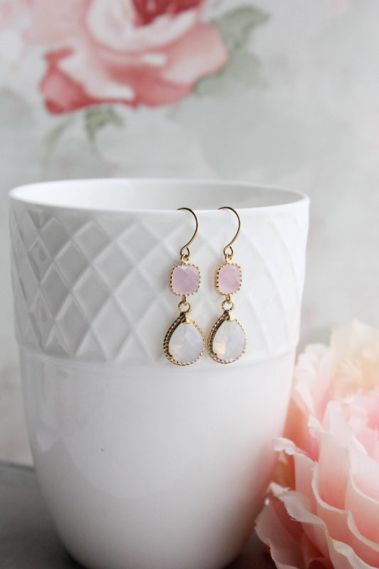 Opal and Pink | Glass Dangle Earrings - 347