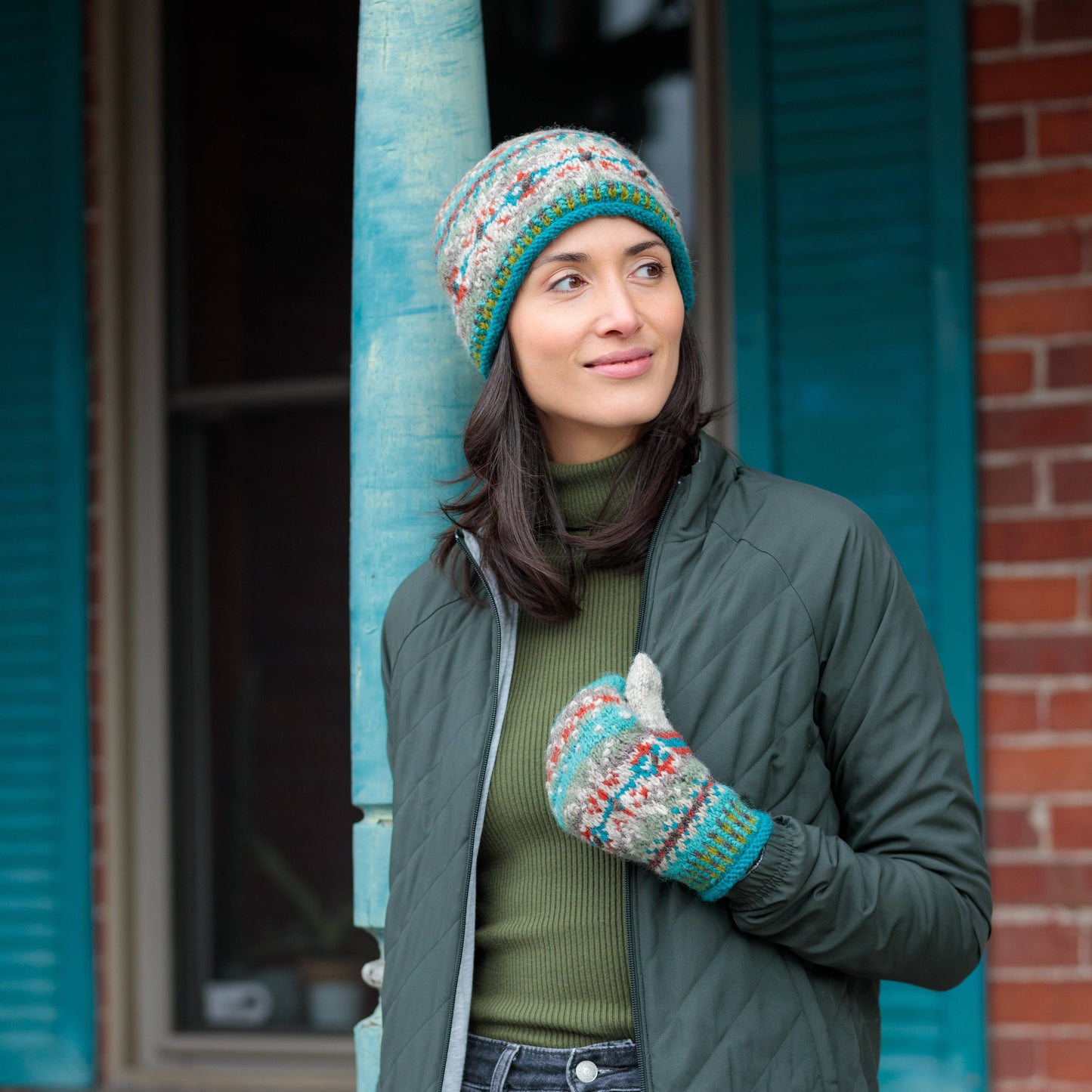 Jasper Wool Convertible Mittens with Nordic Knit Pattern: Aqua