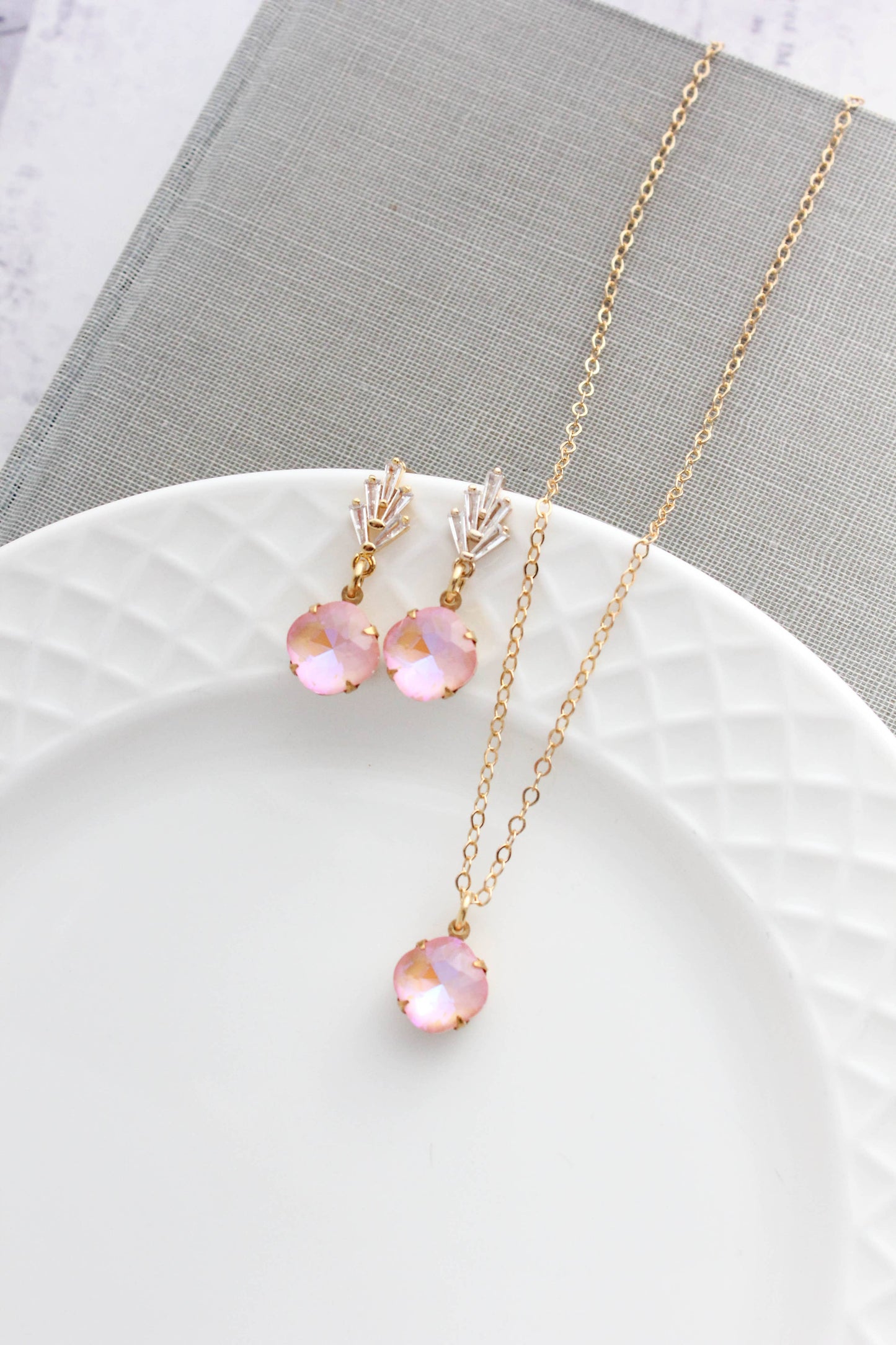 Art Deco Glass Leaf Post Earrings | Pastel Pink Glass Jewel - 289