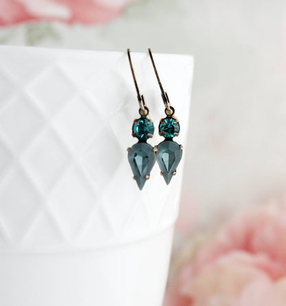 Tiny Vintage Glass Drop Earrings | Peacock Blue | #235