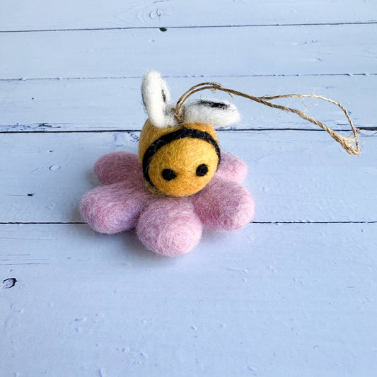 One Large Felt Bee On A Pink Flower (With Or Without String): With Ornament String
