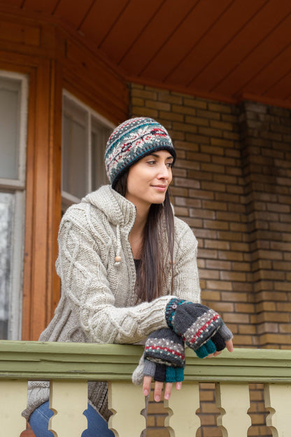 Jasper Wool Convertible Mittens with Nordic Knit Pattern: Aqua