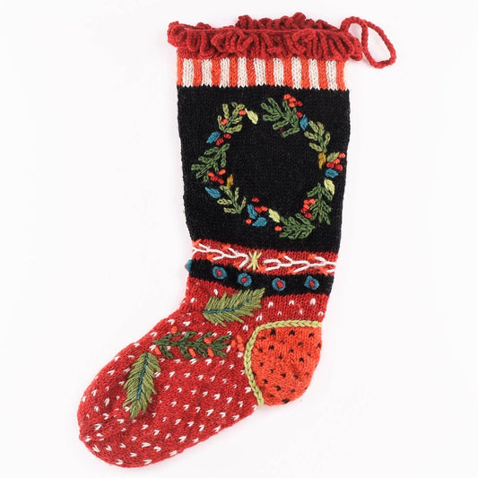 Wreath Christmas Stocking – Embroidered Holiday Knit