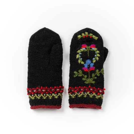 Munich Embroidered Wool Mittens: Black