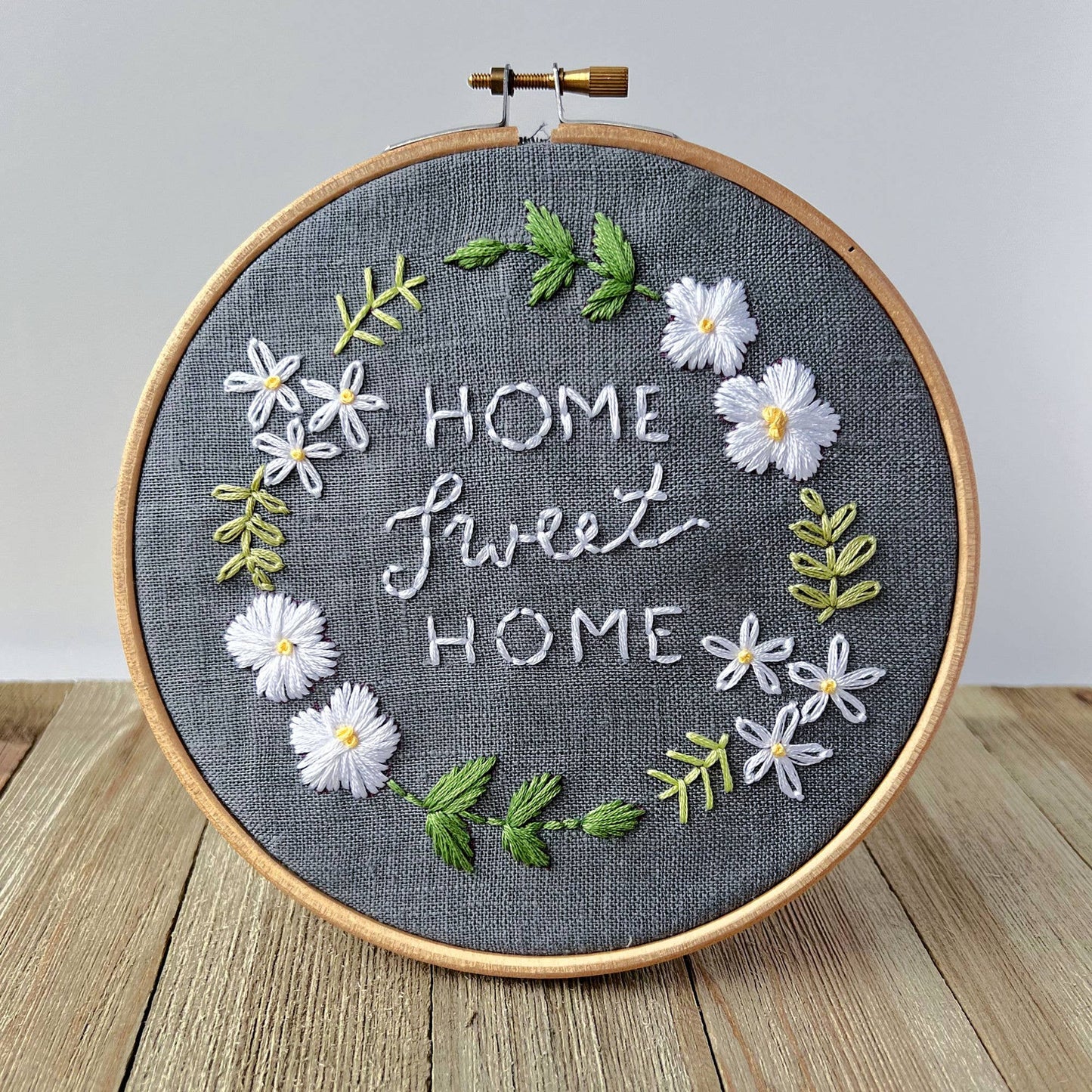 Home Sweet Home Embroidery Kit | Grey with White Flowers
