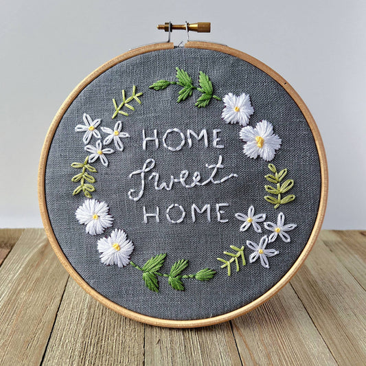 Home Sweet Home Embroidery Kit | Grey with White Flowers